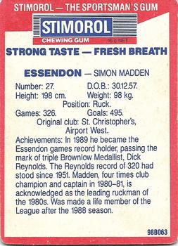 1990 AFL Scanlens Stimorol #33 Simon Madden Back